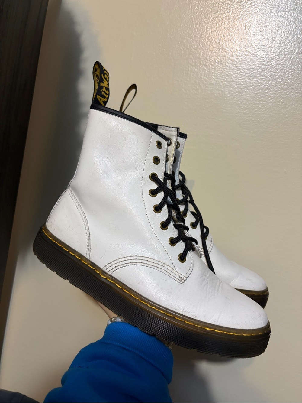 Dr. Martens White Leather Lace-Up Combat Boots with Black Accents